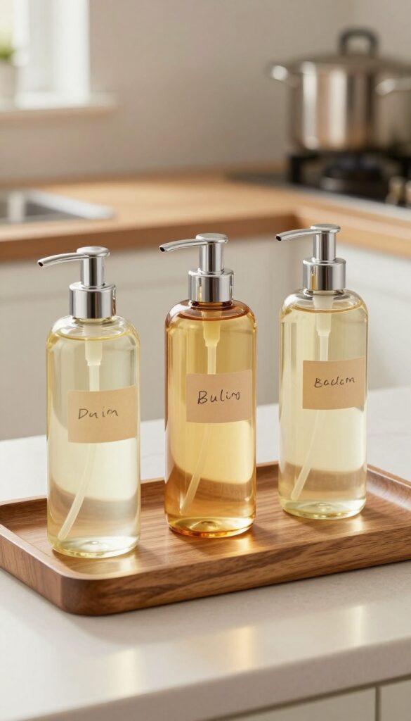 Glass oil dispensers with labels on a wooden tray on a kitchen counter, bright natural light, clean and organized.