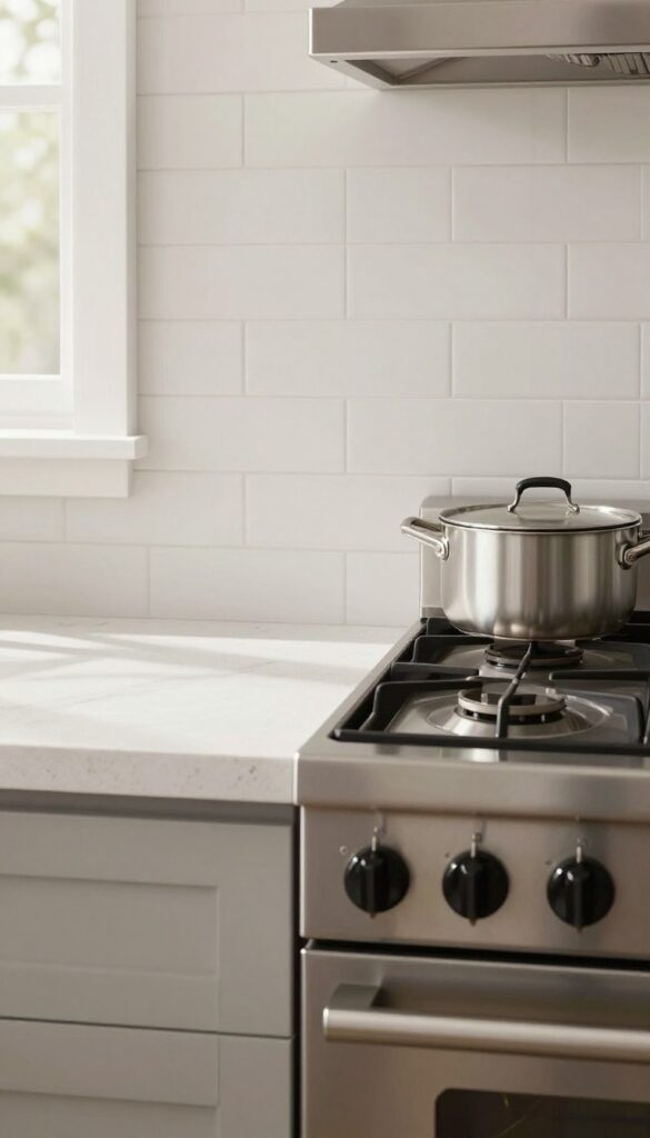 Peel-and-stick tile backsplash behind kitchen range