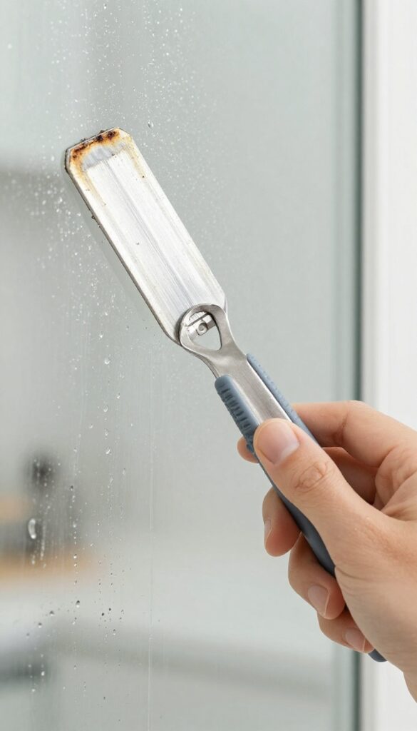 Hand using a razor blade scraper on wet oven glass to remove stubborn burnt-on spots