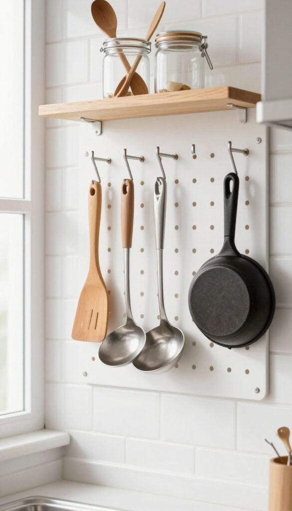 White pegboard with hooks holding kitchen tools in a small wet kitchen