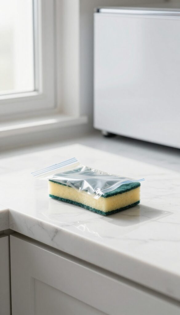 Placing a damp kitchen sponge into a resealable plastic bag on a marble countertop, with a freezer in the background.
