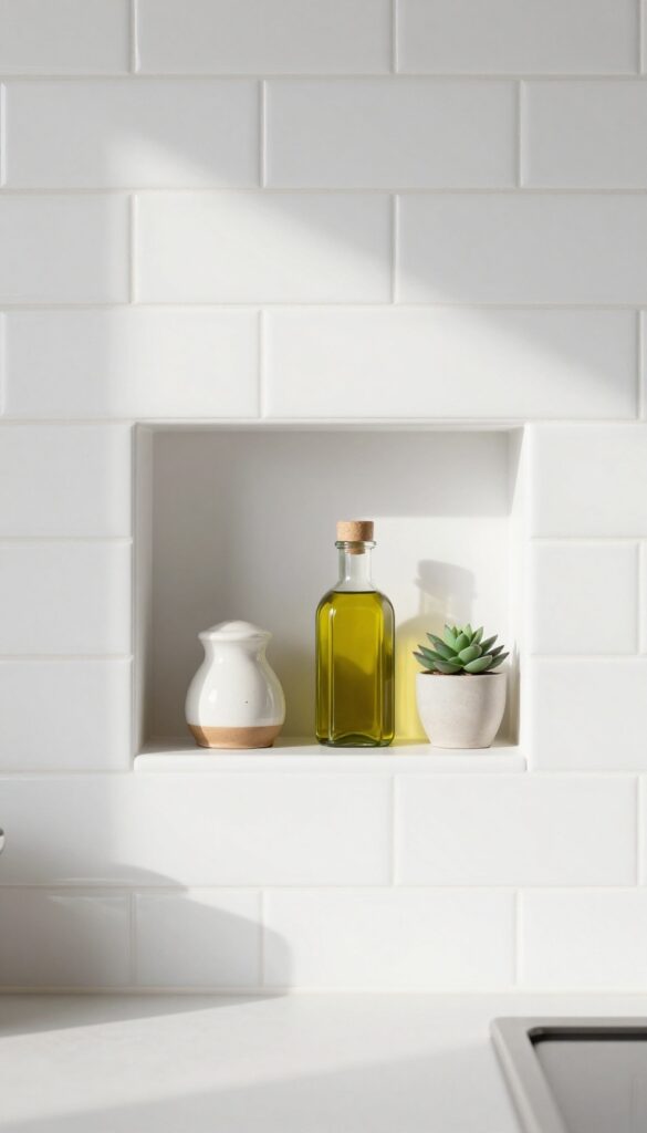 White subway tile splashback with built-in open shelving niche holding a salt cellar, olive oil bottle, and small succulent