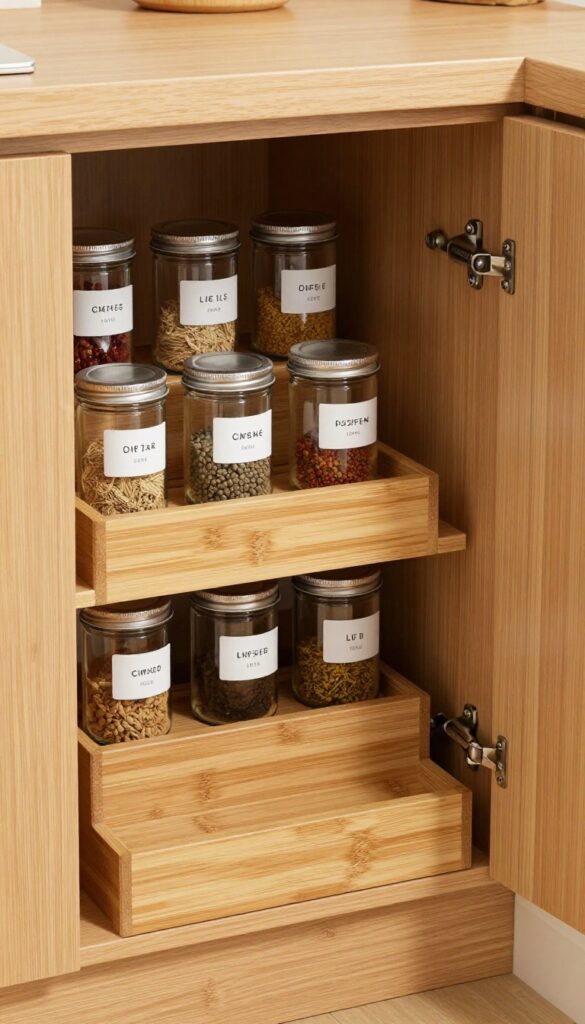 Open corner cabinet door with a bamboo tiered spice rack holding labeled glass jars, warm natural light, tidy kitchen background