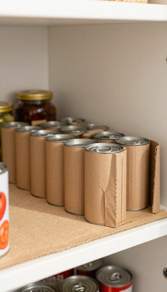 DIY can rack made from cardboard tubes on a pantry shelf, holding cans neatly in place with a warm, lived-in aesthetic.