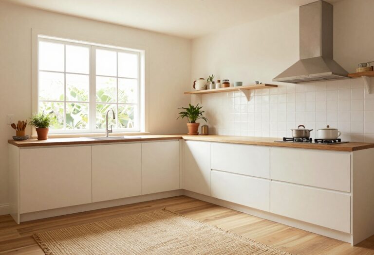 Cozy apartment kitchen with warm wood accents and natural light