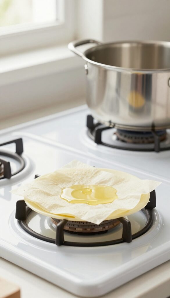 Wax paper placed under stovetop burner grate to catch drips and keep drip pans clean