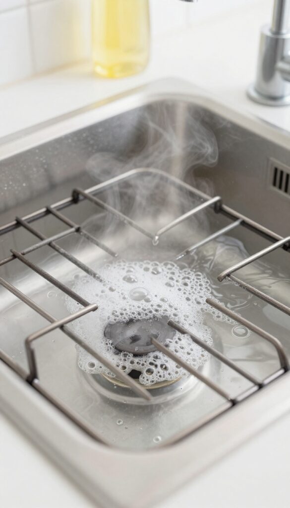 Stove grates soaking in hot dish soap water in a kitchen sink