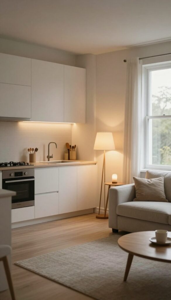 Cozy open-plan kitchen and living room with layered floor and table lamps creating warm lighting zones