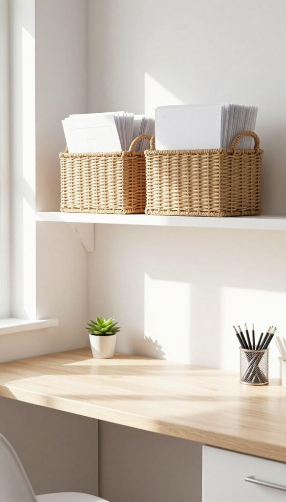 Floating shelf with woven baskets storing paper above a kitchen desk, natural light, clean composition.