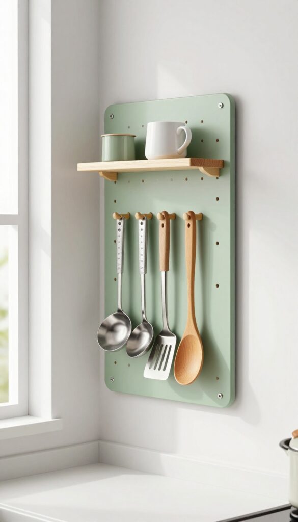 Corner pegboard in a kitchen with tools and a small shelf, bright natural light