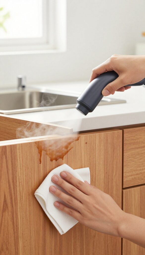 Handheld steamer cleaning a greasy wood cabinet door near a stove, with a microfiber cloth ready to wipe dry.