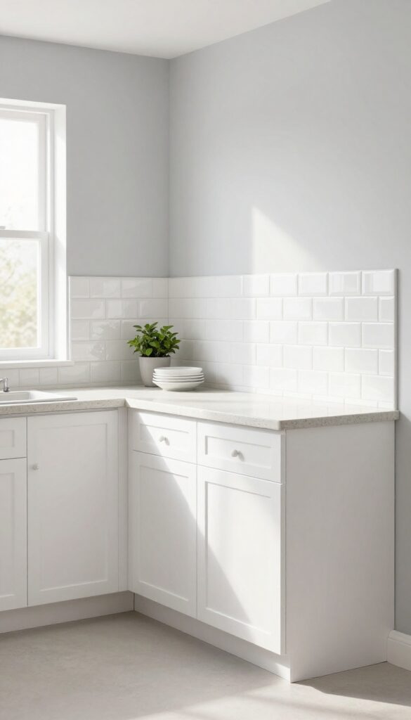 A small kitchen with a white herringbone peel-and-stick backsplash behind the stove, natural light, clean countertops, and a potted herb.