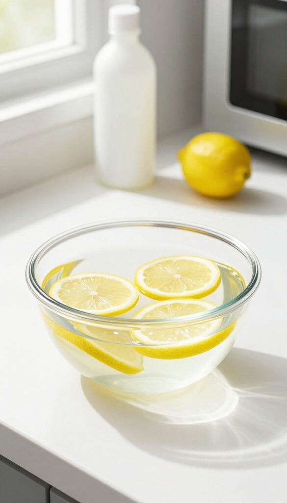 Bowl of water with lemon slices for cleaning microwave