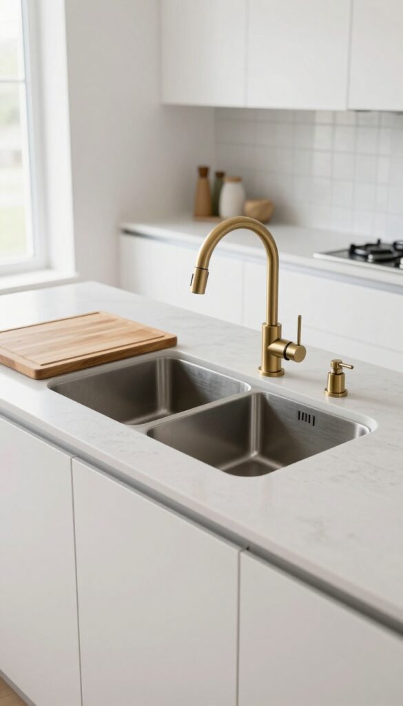 Modern kitchen island with low-divide double basin sink, gooseneck faucet in brushed brass, wooden cutting board over one basin, and dish-drying mat, bright natural light.