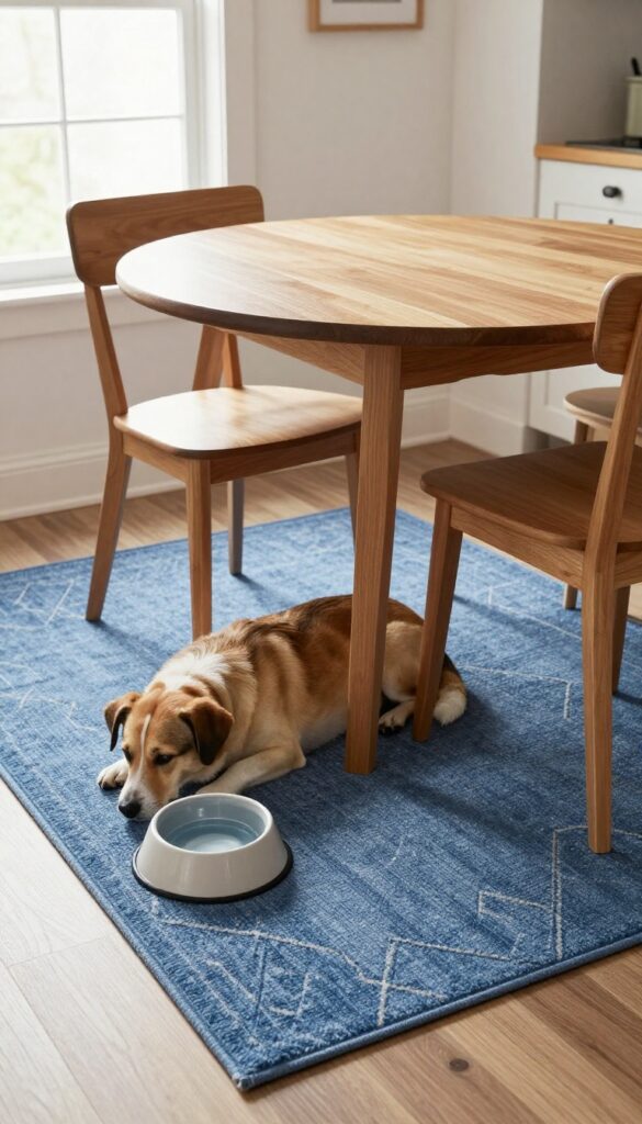 Small kitchen dining area with a washable rug, dog, and water bowl, bright natural light