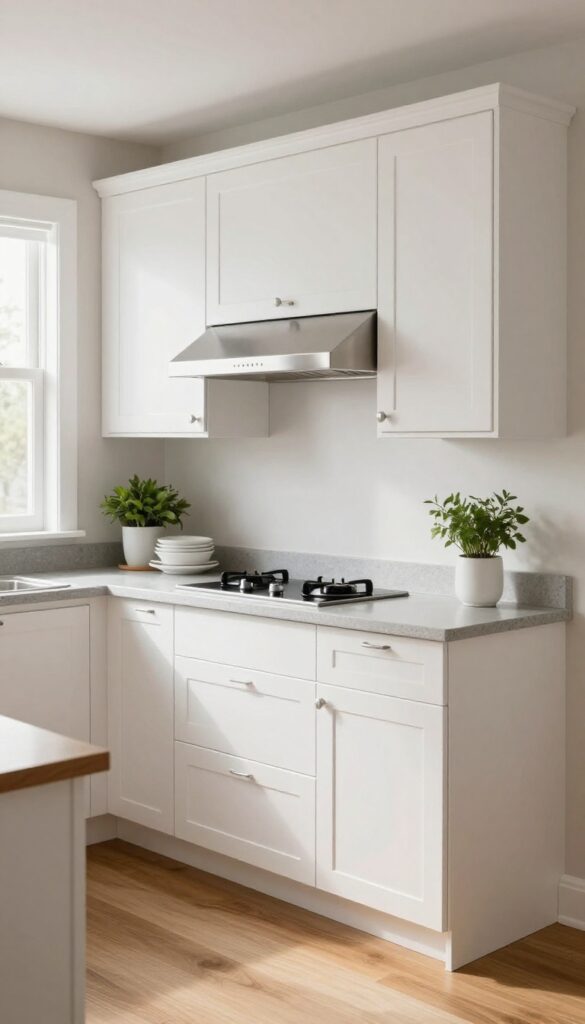 Small kitchen with a slim under-cabinet range hood, white cabinets, and warm wood flooring, bright and airy