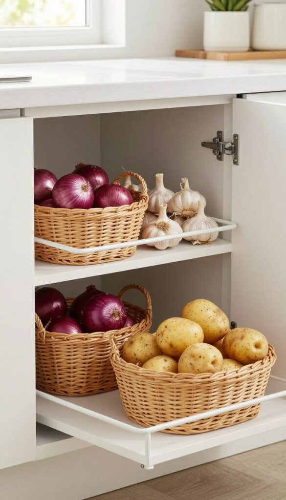 Pull-out pantry baskets for produce in a kitchen cabinet