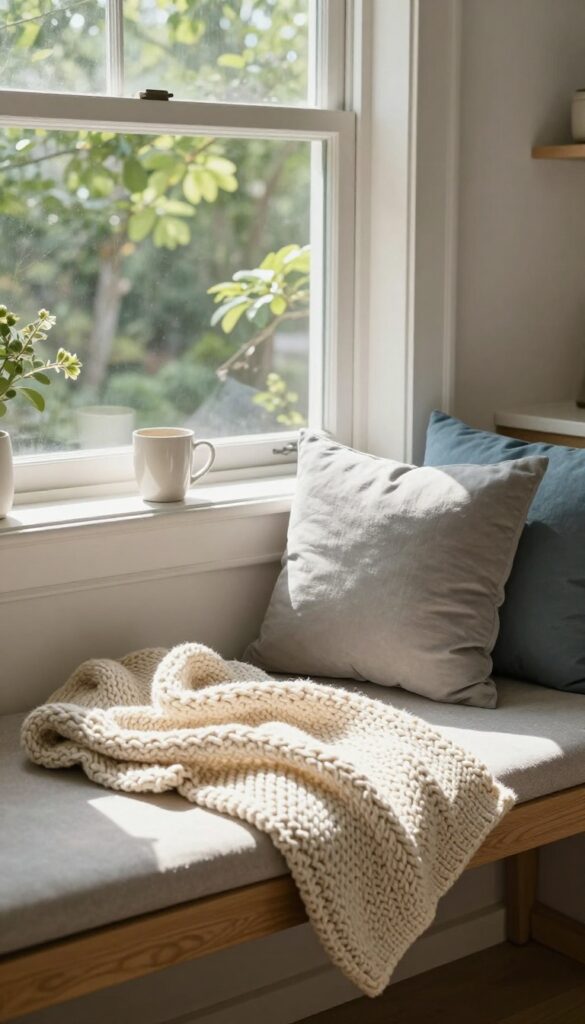 Cozy kitchen window seat with throw blanket and pillows in morning light