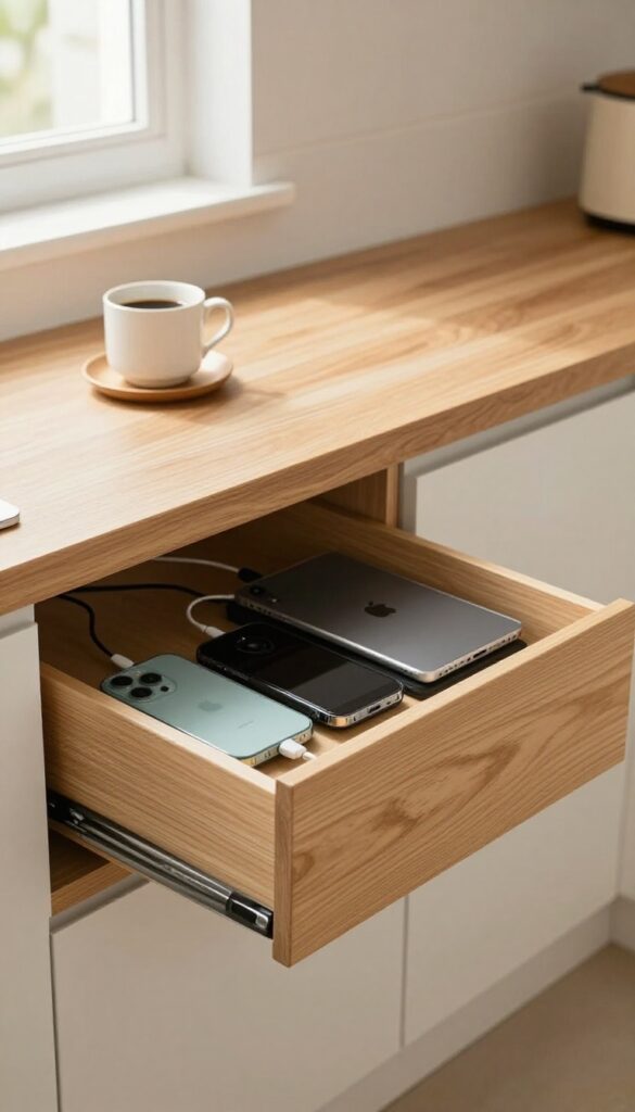 Open drawer on kitchen peninsula seating side with phones and tablet charging, clutter-free countertop above, warm natural light.