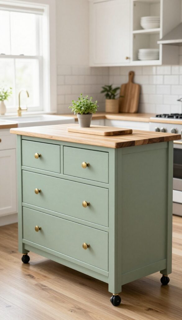 A repurposed wooden dresser as a small kitchen island with casters, butcher block top, and sage green paint in a bright kitchen.