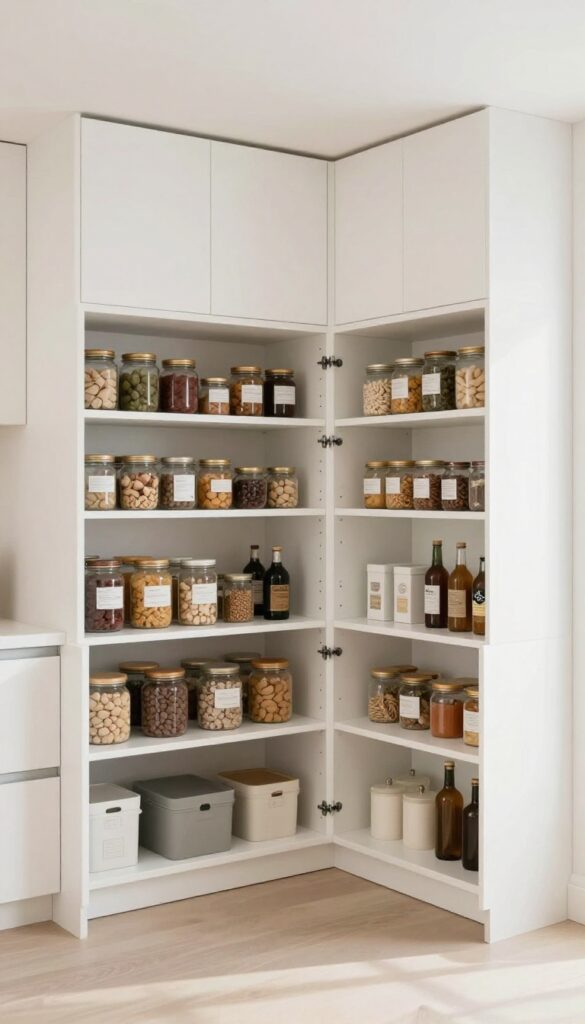 Corner pullout shelves in an L-shaped pantry, gliding open to reveal neatly organized jars and bottles.