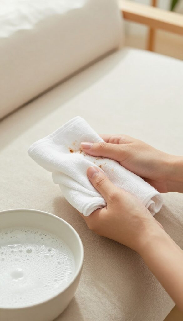 Hand blotting a spill on a microfiber couch with a cloth and soapy water