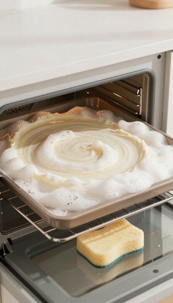 Close-up of oven interior with foamy residue from dishwasher tablet solution sitting on surfaces, natural light, clean kitchen background.