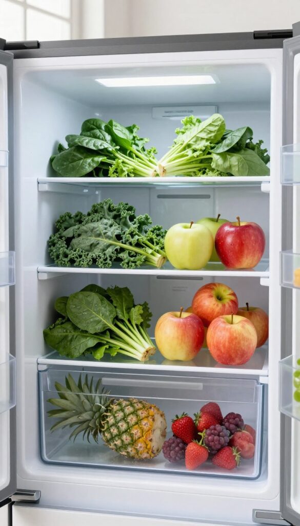 Samsung Bespoke fridge crisper drawer organized by humidity needs with leafy greens and fruits