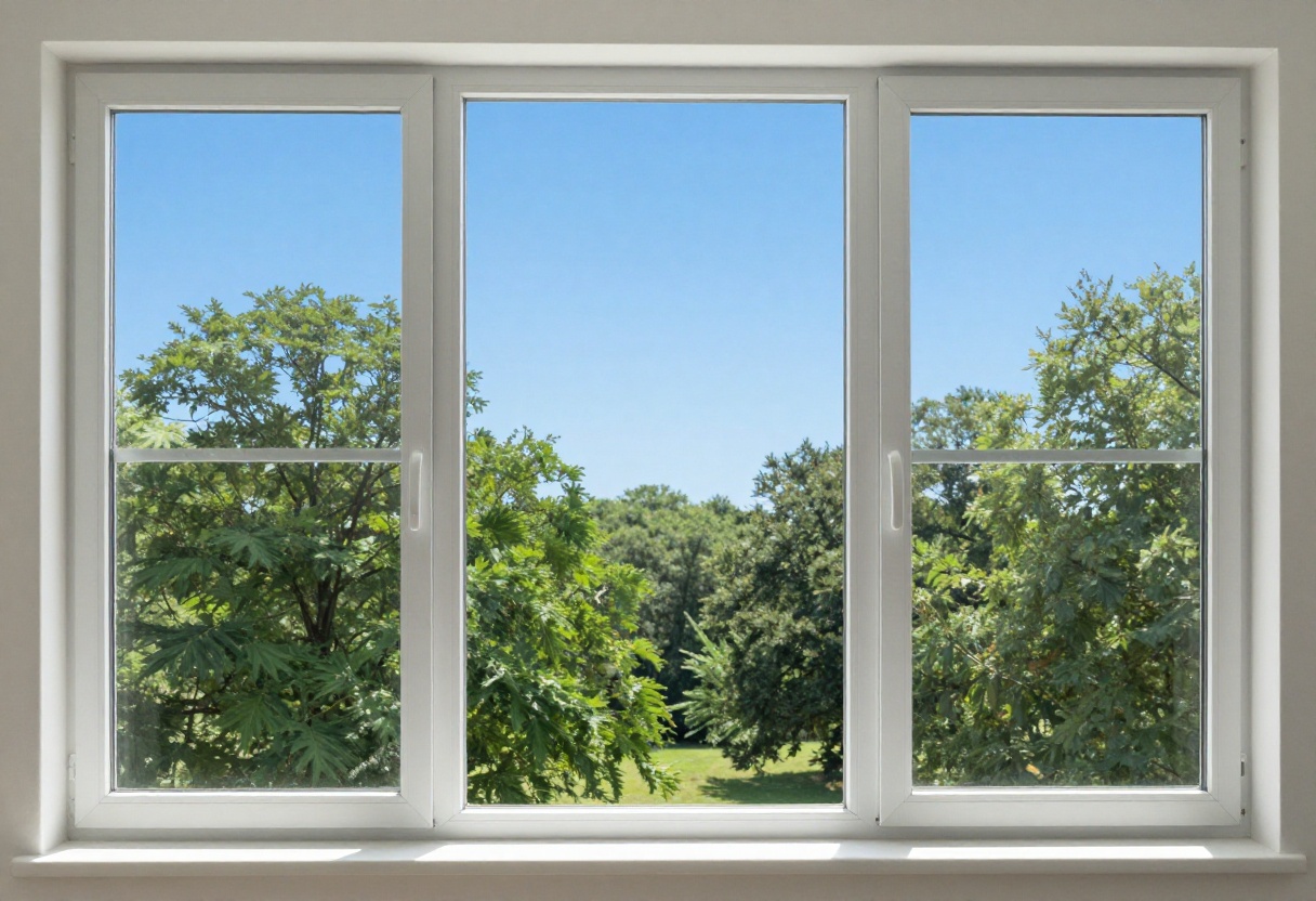 Crystal clear window with sunlight and outdoor scenery reflected