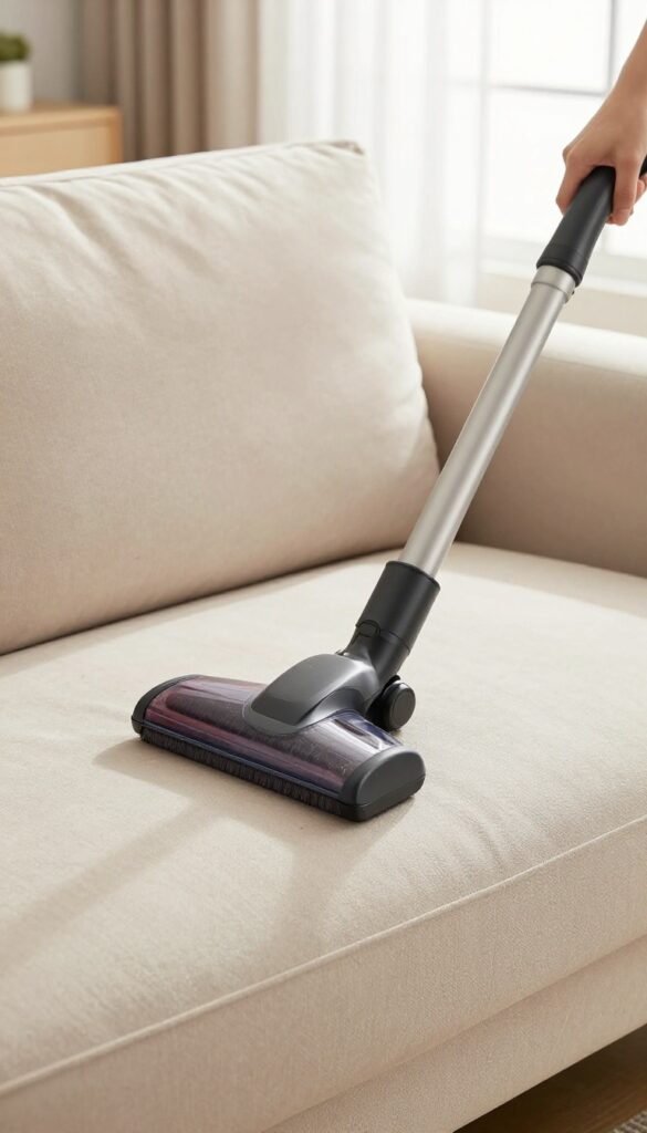 Vacuuming an upholstered sofa with a brush attachment in bright natural light