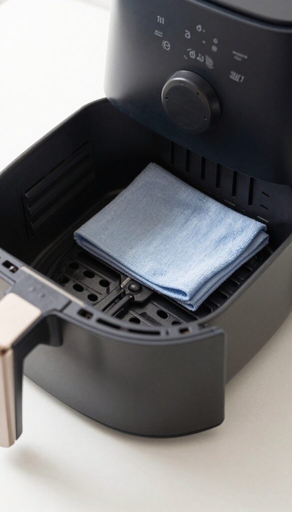 A damp microfiber cloth wiping the interior of an air fryer, with the basket and tray removed, in bright natural light.