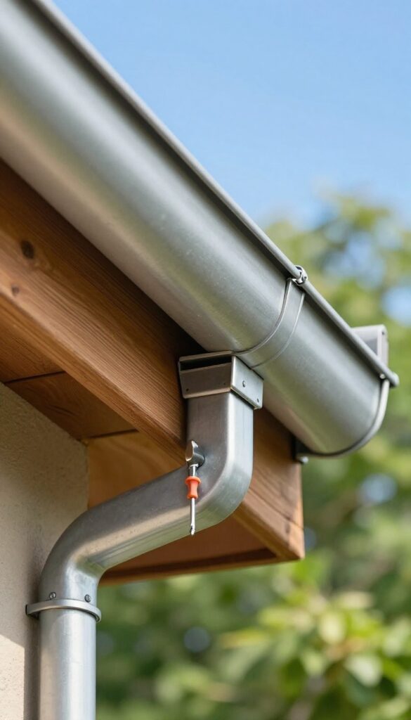 Close-up of a metal gutter hanger being tightened with a screwdriver on a wooden fascia board, clean gutters, bright daylight, home maintenance scene.