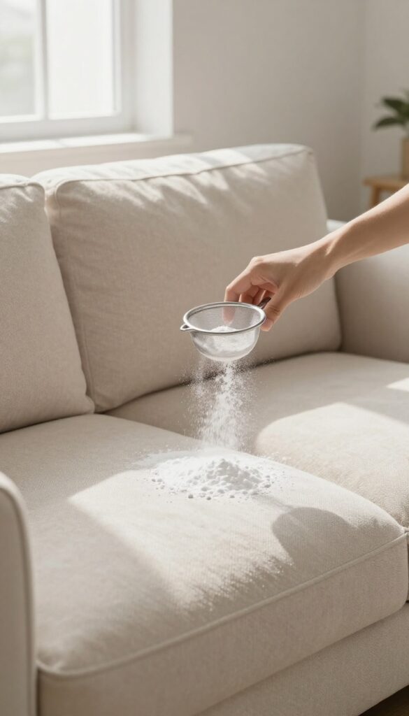 Person sprinkling baking soda on a microfiber couch for deodorizing