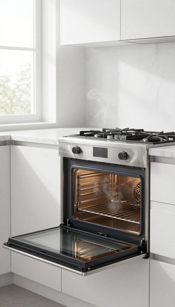 Stove grates inside an oven during a self-cleaning cycle, with smoke and heat glow visible.