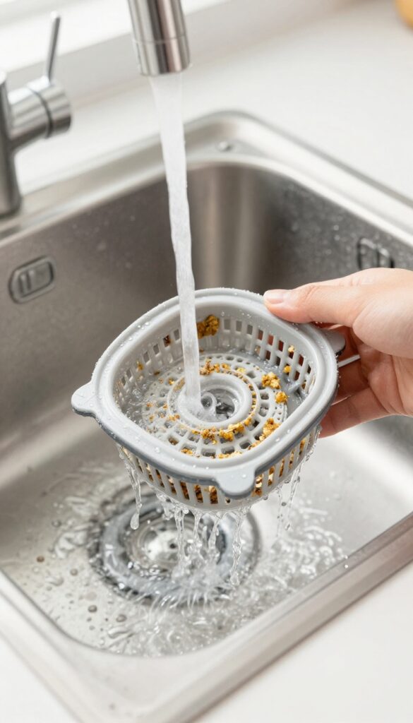 Hand rinsing a dishwasher filter under hot water in a clean kitchen sink, removing food debris.