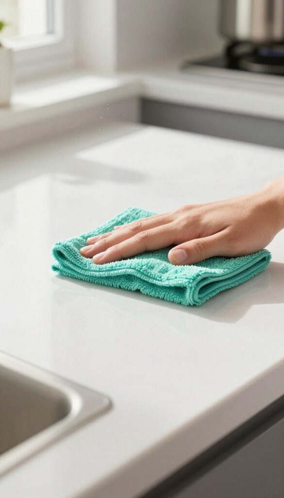 Hand using a microfiber cloth to clean a kitchen countertop, with dust particles visible in natural light