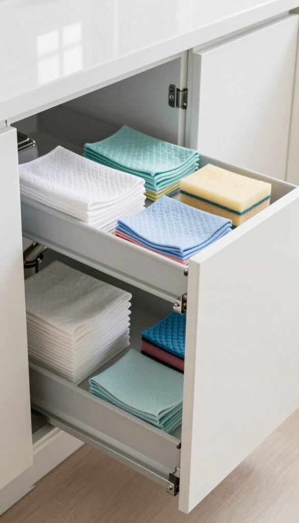 Slim pull-out drawer under sink holding cleaning cloths and sponges