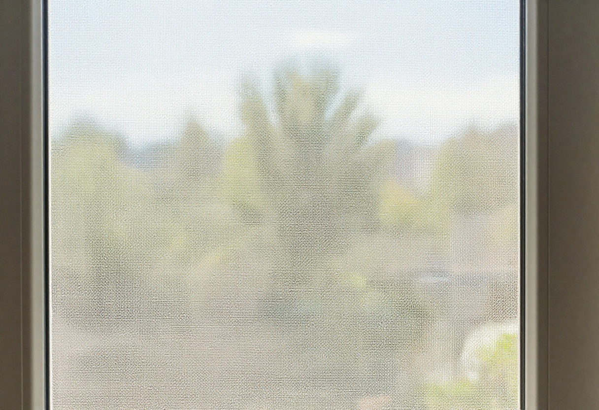 Clean window screen with sunlight shining through, free of dust and pollen.