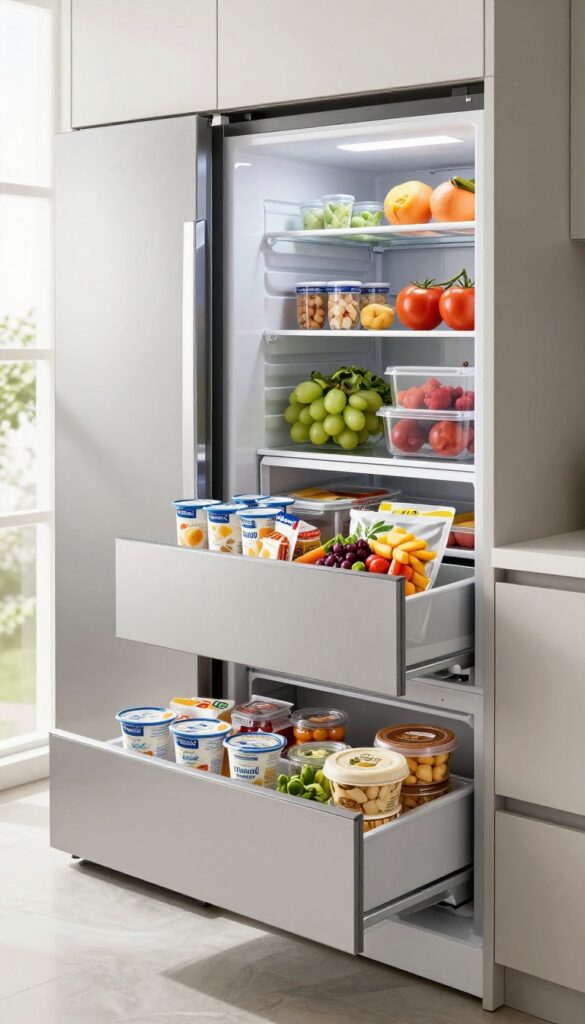 Samsung Bespoke fridge middle drawer organized as a snack zone with clear bins of grab-and-go snacks.