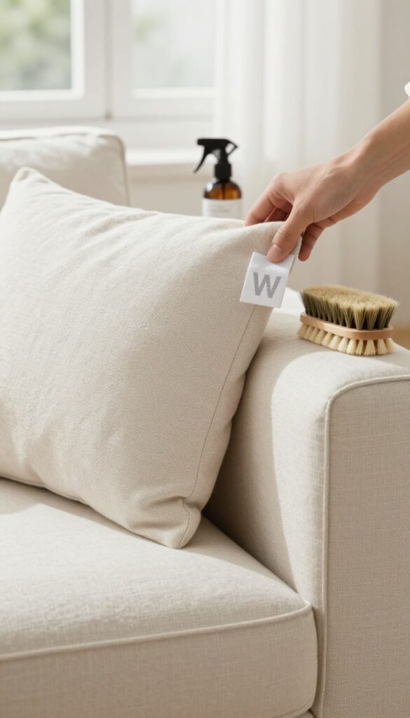 A hand lifting a sofa cushion to show the fabric care tag with a 'W' code, natural light, clean linen upholstery, cleaning supplies nearby.