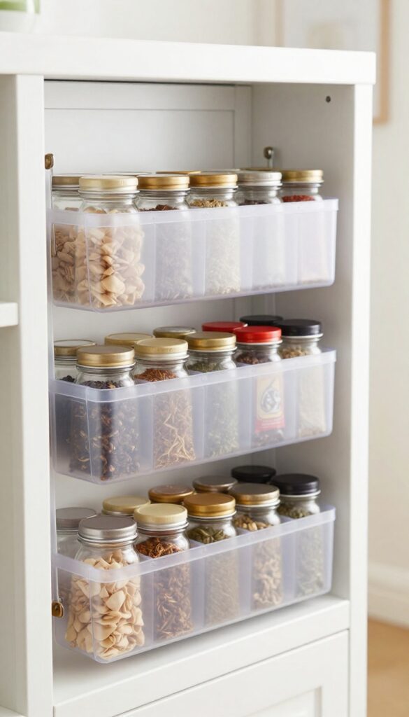 Over-the-door organizer on pantry door with spices and snacks