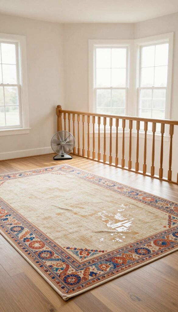A rug draped over a railing with a fan drying it in a bright, airy room.