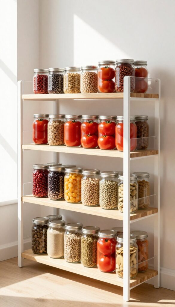 Tiered shelf risers in a pantry organizing cans and jars for easy visibility