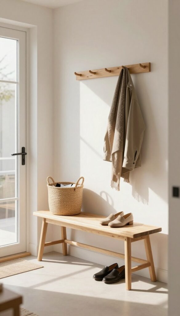 Clean and organized entryway with bench, shoe rack, and coat hooks in natural light