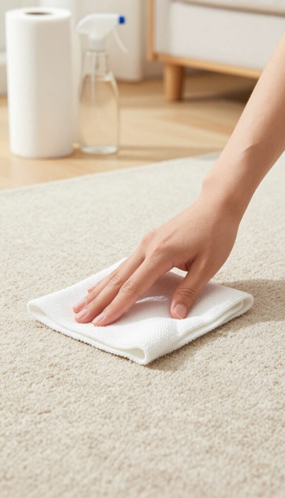 Person blotting a spill on carpet with a microfiber cloth, spill kit nearby