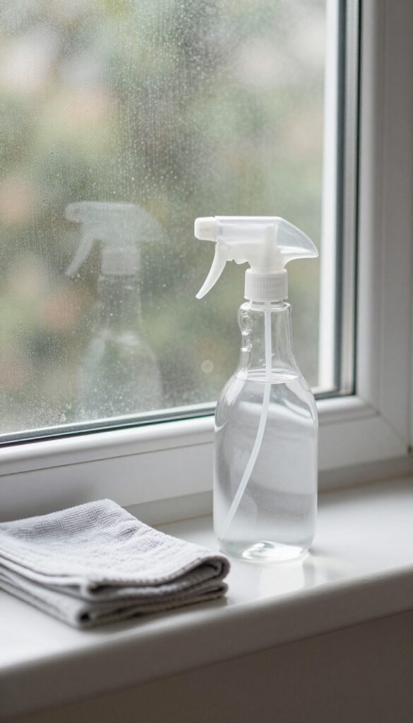Spray bottle of vinegar and water solution on a windowsill next to a microfiber cloth, with sunlight shining through a clean window