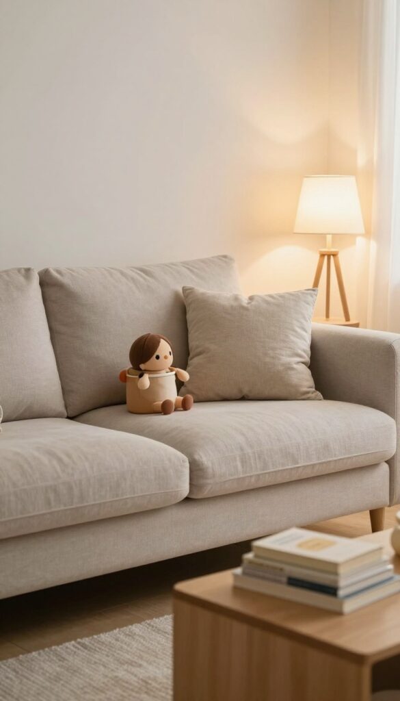 Cozy living room tidied up at night with pillows, toy bin, and books