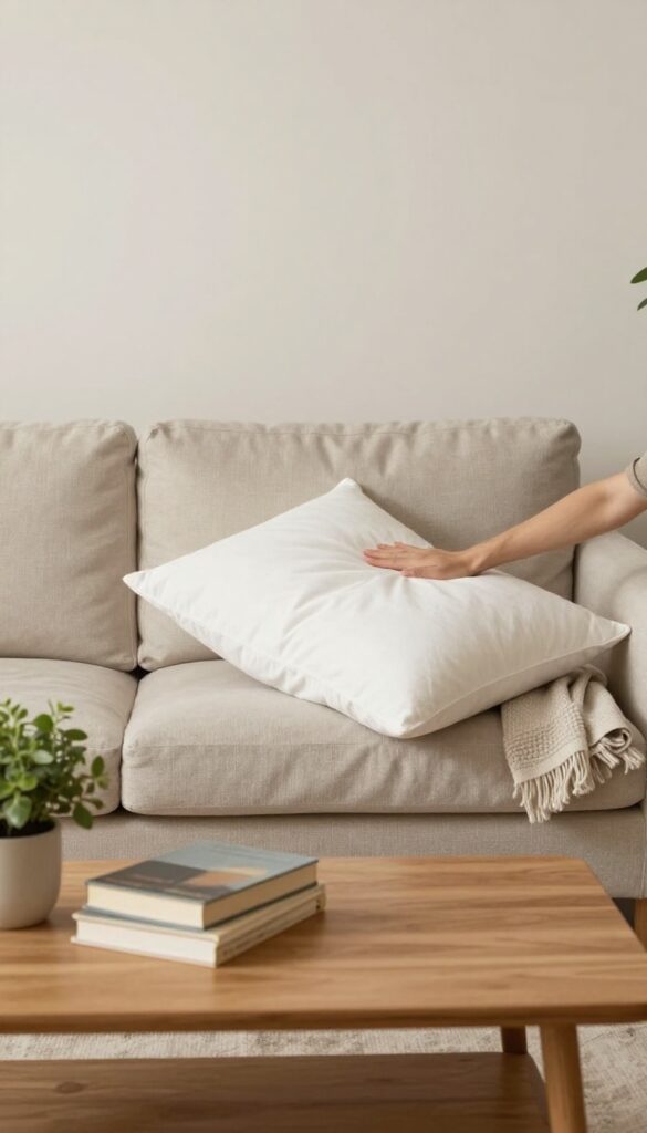 Person fluffing a pillow on a tidy sofa in a bright living room during an evening reset