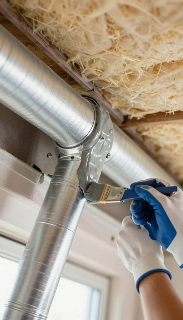 Hand applying mastic sealant to a leaky duct joint in an attic
