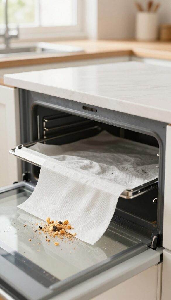 Dry wiping loose debris from an oven before using a dishwasher tablet